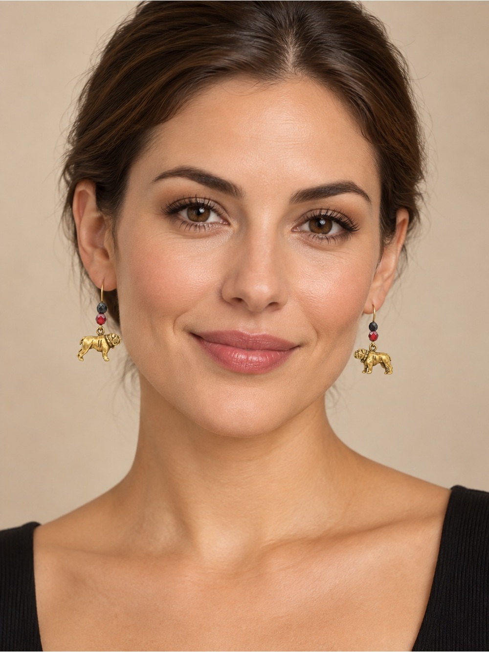 Gold-Tone Bulldog Dog Charm Dangle Earrings with Red & Black Beads